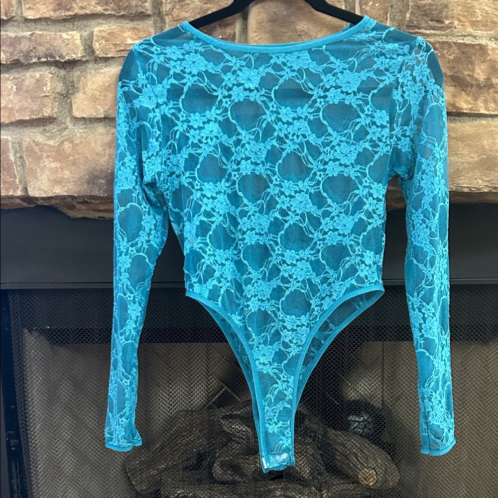 Teal Lace High Hip Bodysuit. Medium.